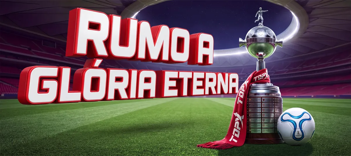 Banner da TopX com a frase Rumo à glória eterna, taça e bola de futebol